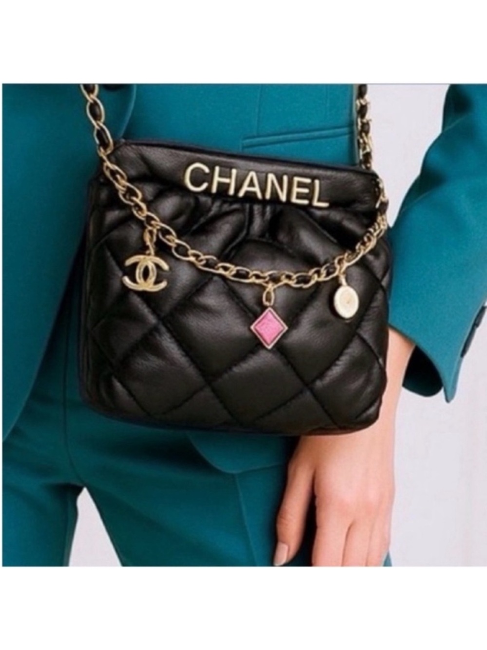 CHANEL VIP GWP Black Quilted Leather Shoulder Bag with Gold Chain and Pink Charm